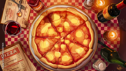 illustration of a classic pizzeria scene from above.
