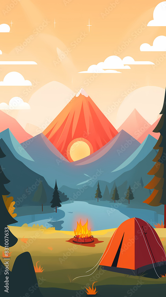 Vector camping tent in the forest.Summer camp with bonfire, tent, backpack . cartoon landscape with mountain, forest and campsite. Vector camping tent in the forest.Summer camp with bonfire, tent, backpack . cartoon landscape with mountain, forest and campsite.