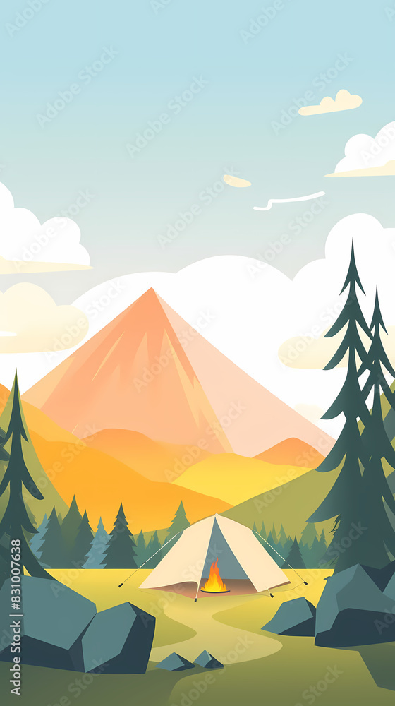 Vector camping tent in the forest.Summer camp with bonfire, tent, backpack . cartoon landscape with mountain, forest and campsite. Vector camping tent in the forest.Summer camp with bonfire, tent, backpack . cartoon landscape with mountain, forest and campsite.
