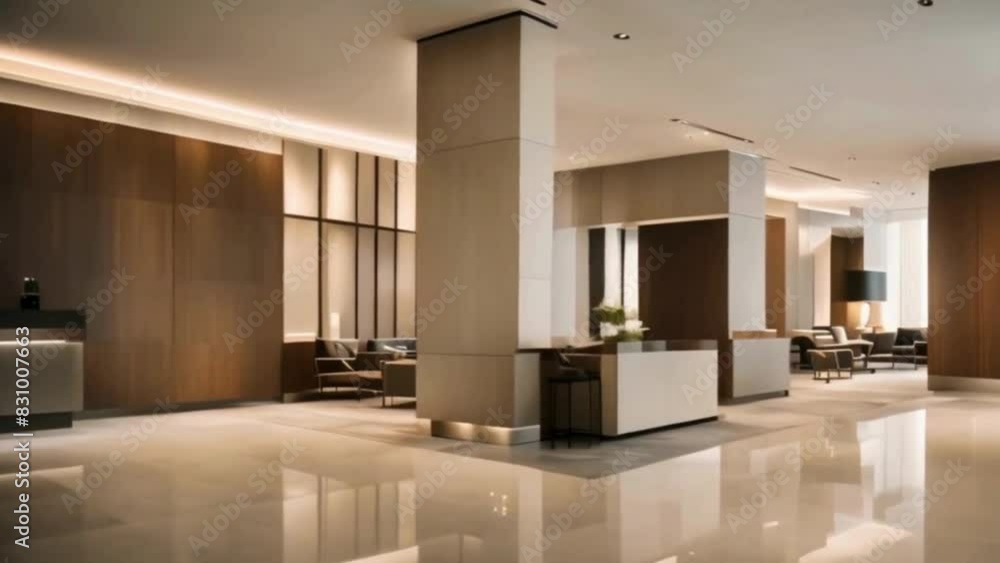 Modern Hotel Lobby with Large Columns and a Polished Marble Floor Modern Hotel Lobby with Large Columns and a Polished Marble Floor