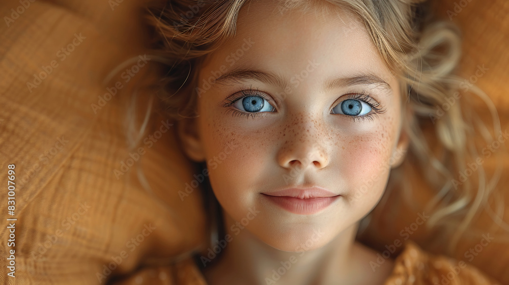 Naklejka premium Professional studio photo portrait of a cute little girl, lovely kid with naive face, adorable baby, a child with a emotional expression, widescreen 16:9
