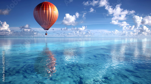 A gigantic air balloon floating above a tranquil ocean, its reflection creating a perfect symmetry in the crystal-clear water