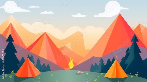 Vector camping tent in the forest.Summer camp with bonfire, tent, backpack . cartoon landscape with mountain, forest and campsite.