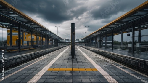 A train station with a yellow and black sign that says 1K