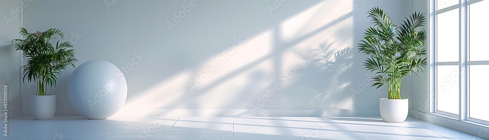 White minimalist room with a large white orb, sunlight streaming through the window, and two potted plants. White minimalist room with a large white orb, sunlight streaming through the window, and two potted plants.