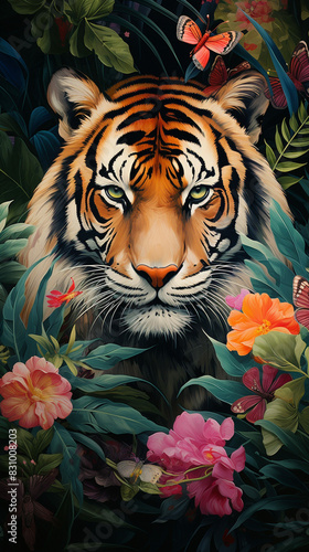 A majestic tiger in its natural habitat  surrounded by lush foliage and vibrant flowers