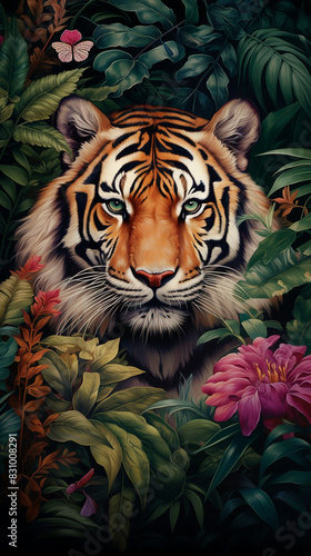 A majestic tiger in its natural habitat  surrounded by lush foliage and vibrant flowers