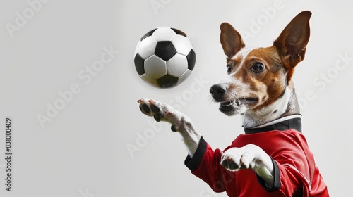 A dog dressed in soccer uniform, kicking a ball like a human, on a plain white background with copy space on the right side