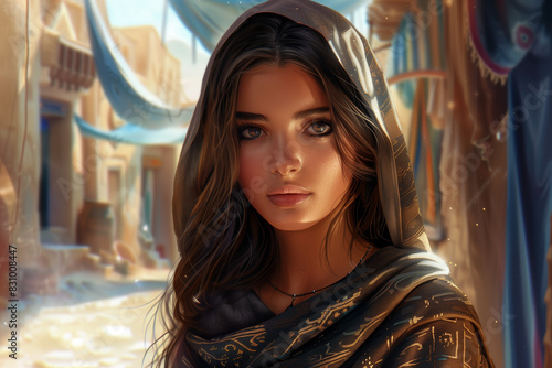 Wallpaper Mural Beautiful egyptian woman with long brown hair in hooded cloak in the desert city with sand dune. Fantasy concept art. Torontodigital.ca