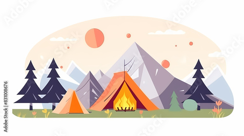 Vector camping tent in the forest.Summer camp with bonfire, tent, backpack . cartoon landscape with mountain, forest and campsite.