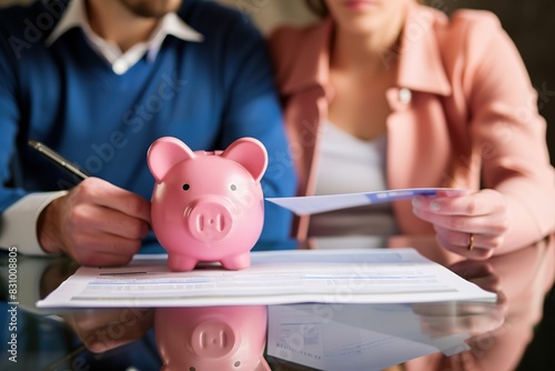 A couple reviews finances with a piggy bank, focusing on savings.