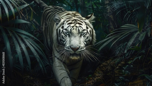 a image of a white tiger walking through a jungle filled with leaves