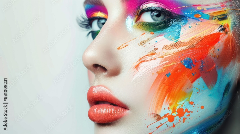 Attractive young woman wearing artistic makeup a white background with generative Attractive young woman wearing artistic makeup a white background with generative