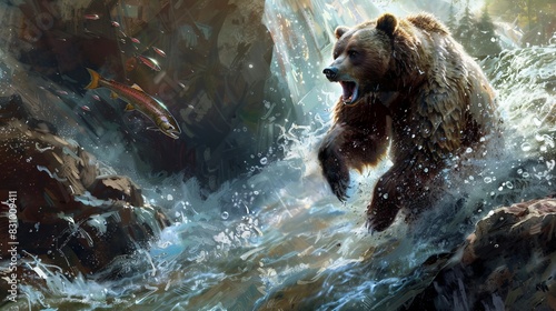 The instinctive prowess of a bear catching a salmon from a river teeming with fish photo