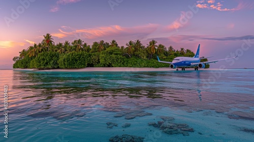 Aerial view of airplane wing flying over beautiful tropical islands in the ocean at sunset in summer