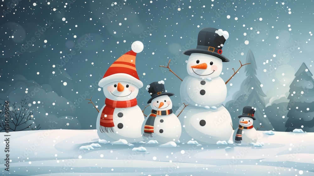 A cheerful snowman family in a snowy yard with a red scarf, black hat, and carrot nose cartoon Vector Illustration Generative AI A cheerful snowman family in a snowy yard with a red scarf, black hat, and carrot nose cartoon Vector Illustration Generative AI