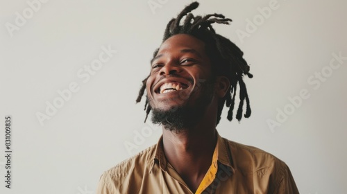 I am painting a happy man with dreadlocks at a white background, enjoying the positive energy in a studio, generative art direction