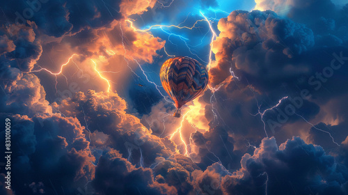 A towering air balloon navigating through a stormy sky, with dramatic lightning illuminating the clouds around it