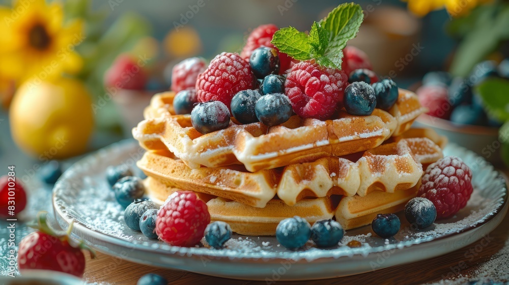 Deliciously prepared waffles adorned with an assortment of fresh berries and a light dusting of powdered sugar Deliciously prepared waffles adorned with an assortment of fresh berries and a light dusting of powdered sugar