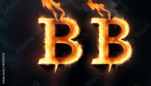 The letters 'BB' representing Bitcoin are depicted as fiery, burning symbols against a dark background, evoking a sense of power and energy.