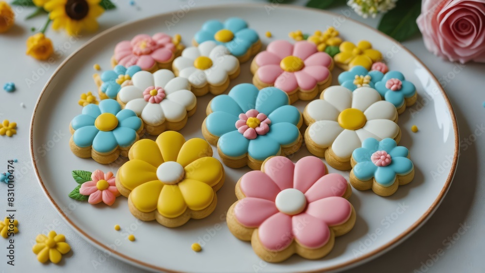 A plate of colorful flower-shaped cookies, beautifully decorated with icing, perfect for a spring or summer party, showcasing intricate dessert art. A plate of colorful flower-shaped cookies, beautifully decorated with icing, perfect for a spring or summer party, showcasing intricate dessert art.