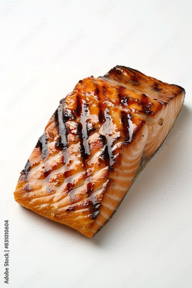 A grilled salmon fillet, minimalist style, on white plain background