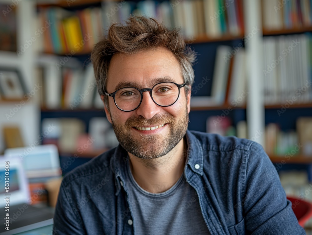 A Tutor male wearing casual attire, standing in front of a desk with textbooks, smiling and looking into the camera A Tutor male wearing casual attire, standing in front of a desk with textbooks, smiling and looking into the camera