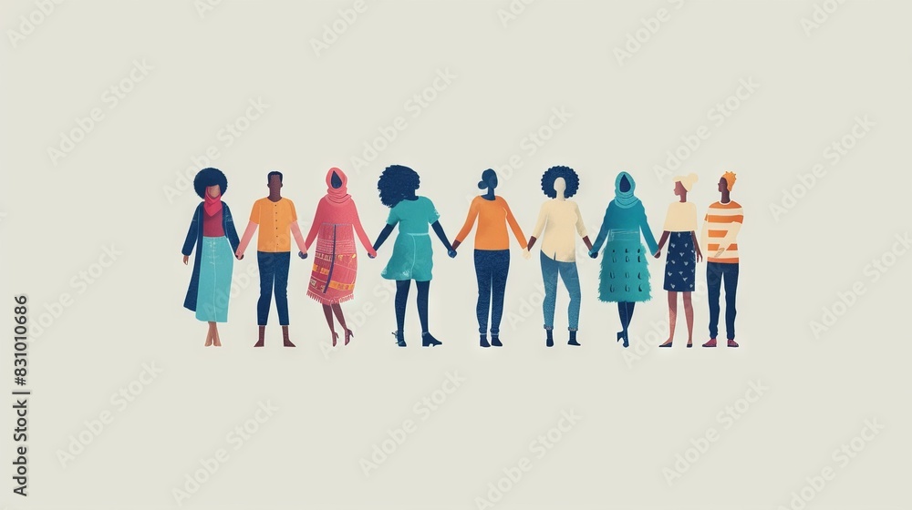 An illustration in 2D flat style of unity in diversity, featuring characters from different cultural backgrounds joining hands in a symbolic gesture of solidarity. The minimalist design emphasizes