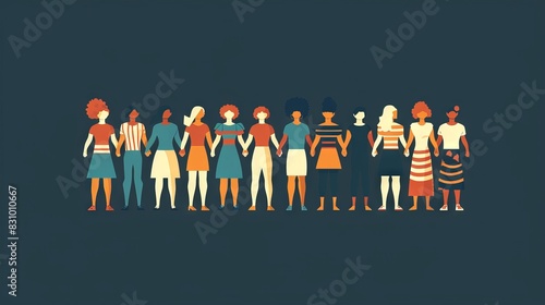 An illustration in 2D flat style of unity in diversity, featuring characters from different cultural backgrounds joining hands in a symbolic gesture of solidarity. The minimalist design emphasizes photo