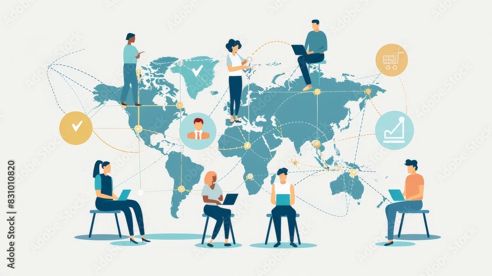 An illustration in 2D flat style of a global team, featuring characters from different countries collaborating on a digital platform. The minimalist design emphasizes the power of technology in An illustration in 2D flat style of a global team, featuring characters from different countries collaborating on a digital platform. The minimalist design emphasizes the power of technology in