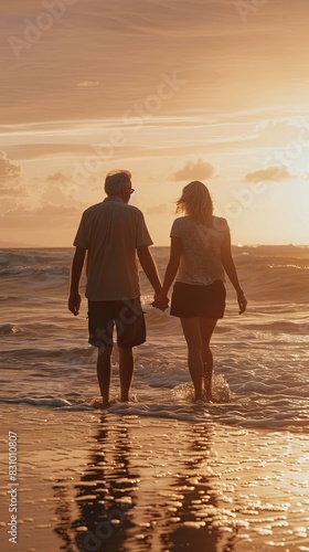 A man and a woman are strolling along the sandy beach  hand in hand  under the clear blue sky. They appear relaxed and content as they enjoy the scenic coastline
