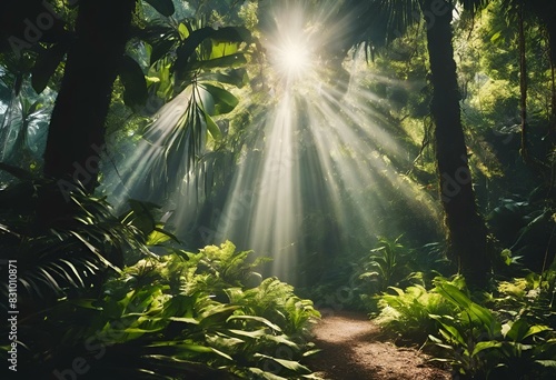 sunlight shining through the jungle canopy over tropical plants and foliage