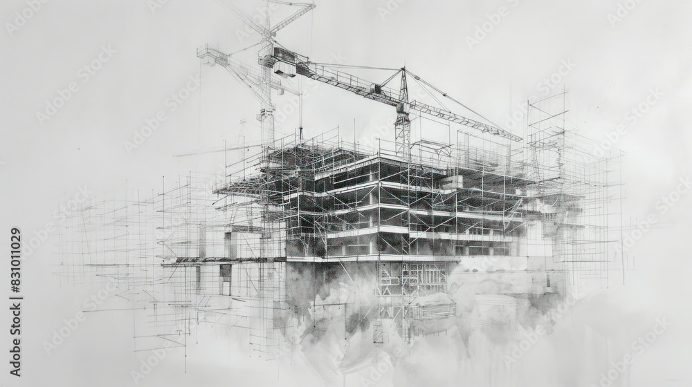 Pencil drawing of a building under construction with scaffolding and crane. Pencil drawing of a building under construction with scaffolding and crane.
