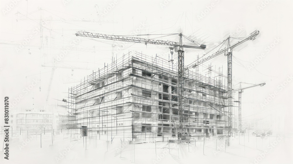 Fototapeta premium Pencil drawing of a building under construction with scaffolding and crane.