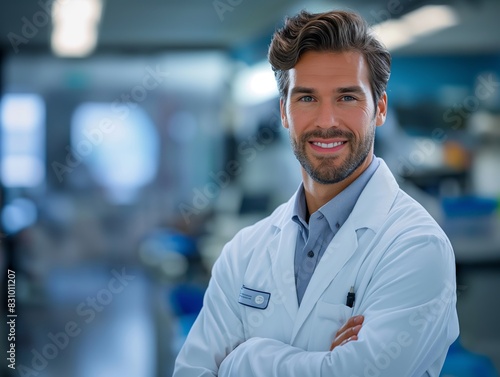 A Research Scientist male wearing a lab coat   standing in front of a laboratory bench  smiling and looking into the camera