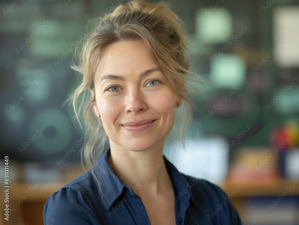A Teacher female wearing a teacher's outfit, standing in front of a classroom chalkboard, smiling and looking into the camera A Teacher female wearing a teacher's outfit, standing in front of a classroom chalkboard, smiling and looking into the camera