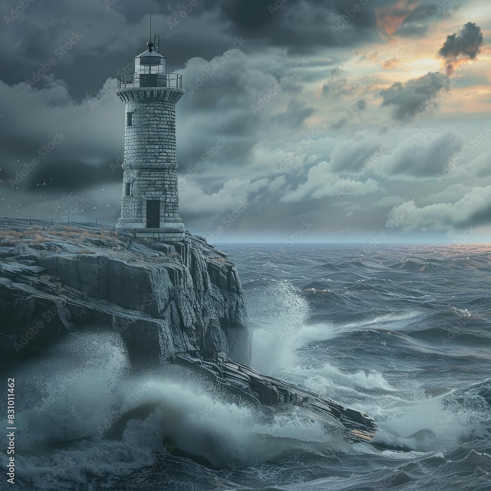 Dramatic lighthouse scene on a rocky coast with stormy skies and turbulent waves, capturing nature's raw power and beauty.