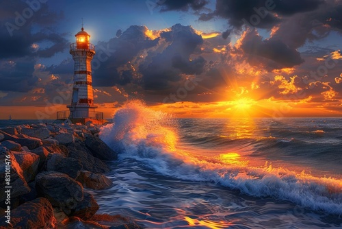 Stunning sunset over the ocean with waves crashing against rocks near a lighthouse, casting a beautiful glow on the water.