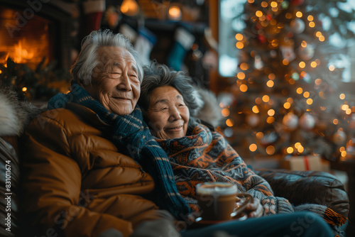 An older Asian couple sits on a couch in front of a Christmas tree