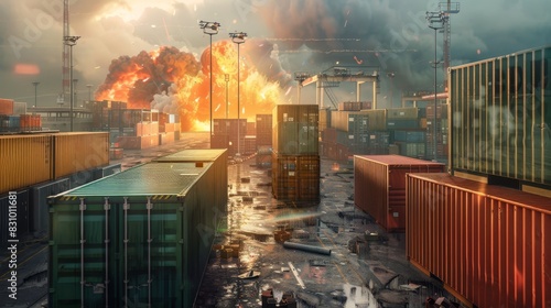 A shipping container yard with an explosion in the background, industrial setting, high detail, dramatic lighting