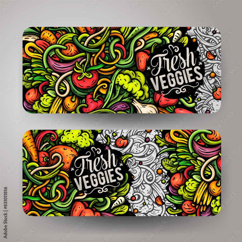 Cartoon vector doodle set of Fresh Vegetables banners templates. Corporate identity for the use on apps, branding, flyers, web design. Funny veggies color illustration.