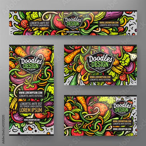 Cartoon vector doodle set of Vegetables corporate identity templates. Colorful funny banners  id cards  flayer for the use on branding  invitations  cards  apps  web design.