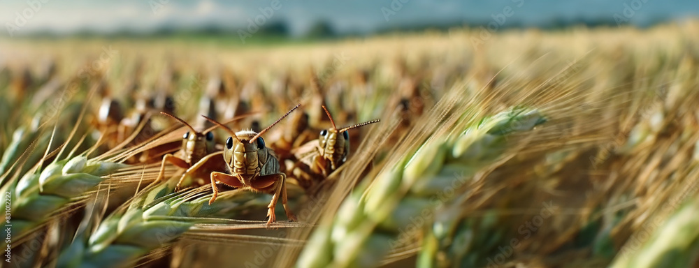A swarm of locusts in the fields of wheat, consuming crops. Panorama with copy space.