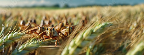 Obraz na płótnie A swarm of locusts in the fields of wheat, consuming crops. Panorama with copy space. w salonie