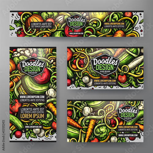 Cartoon vector doodle set of Vegetables corporate identity templates. Colorful funny banners  id cards  flayer for the use on branding  invitations  cards  apps  web design.