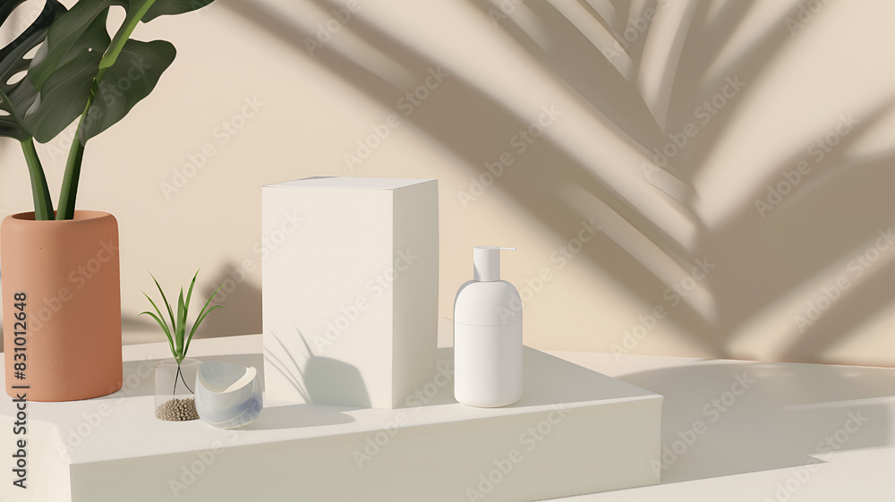 Clean Skincare Setup with Plants and Pump Bottle Clean Skincare Setup with Plants and Pump Bottle