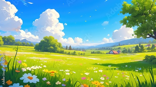 2d illustration depicting a charming spring landscape in a whimsical cartoon style featuring lush green grass vibrant flowers and a clear blue sky in a natural setting