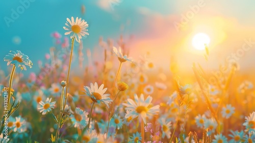 A beautiful meadow flooded with spring and summer sun with lots of wild flowers of daisies.