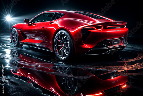 Modern red performance luxury car in dark car wash environment. Creative led headlights vehicle of sportscar with dripping drops during washing. Car wash advertising concept. Copy ad text space