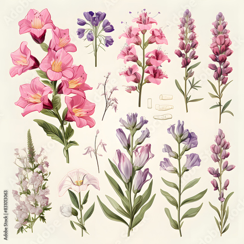 set of Penstemon, plants, leaves and flowers. illustrations of beautiful realistic flowers for background, pattern or wedding invitations